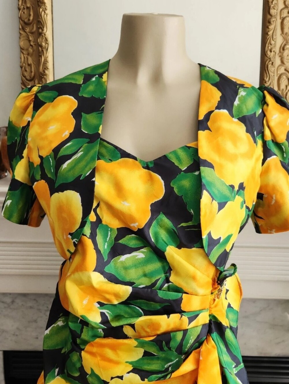 Vintage 90s Yellow Floral Dress Set Size 8 Taffeta Ruffle Bolero Resort Vacation - Picture 11 of 14
